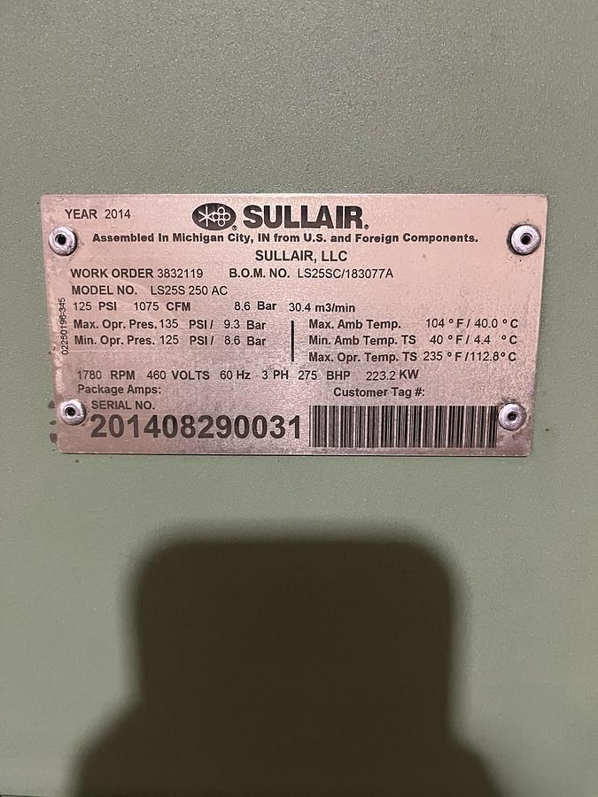 Used SULLAIR,LS25S-250-AC,COMPRESSOR DRYER 1075CFM 460V 3PH