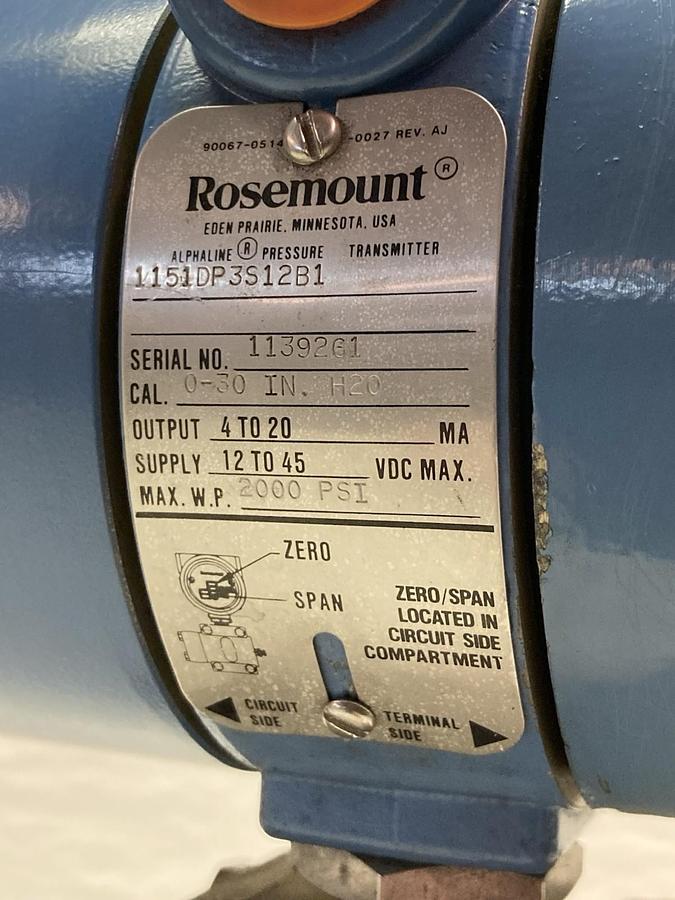 Used Rosemount,1151DP3S12B1,Pressure Transmitter 4-20MA 2000psi