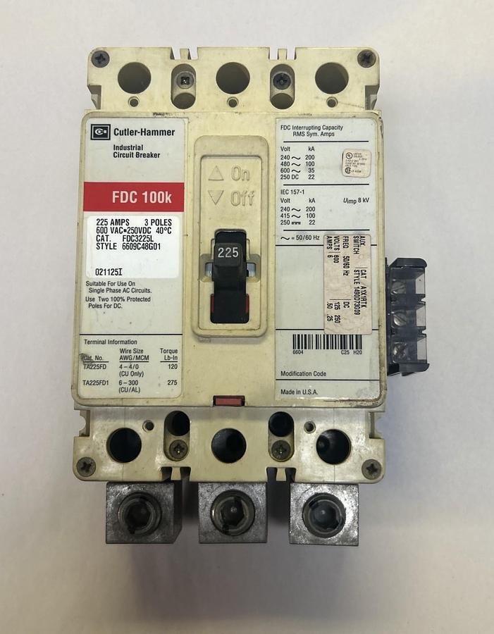 Used CUTLER-HAMMER,FDC3225L,CIRCUIT BREAKER 225A 600V 3P