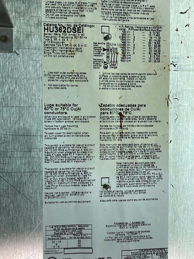 Used Square D,HU362DSE1,3-Pole Non-Fusible Safety Switch Type 1 Enclosure 60A 600Vac