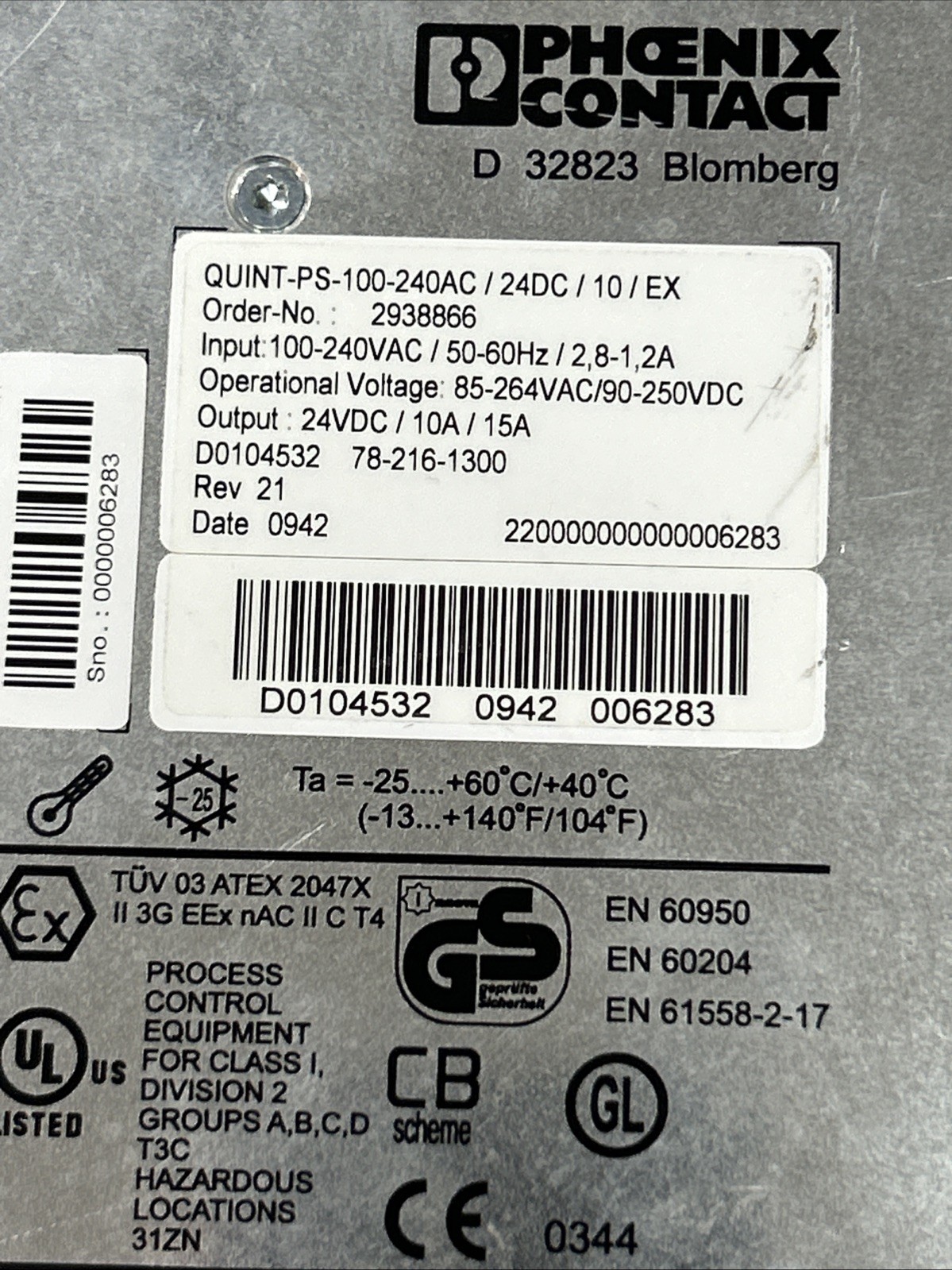 Used PHOENIX CONTACT,QUINT-PS-100-240/24DC/10,POWER SUPPLY 24VDC 10A