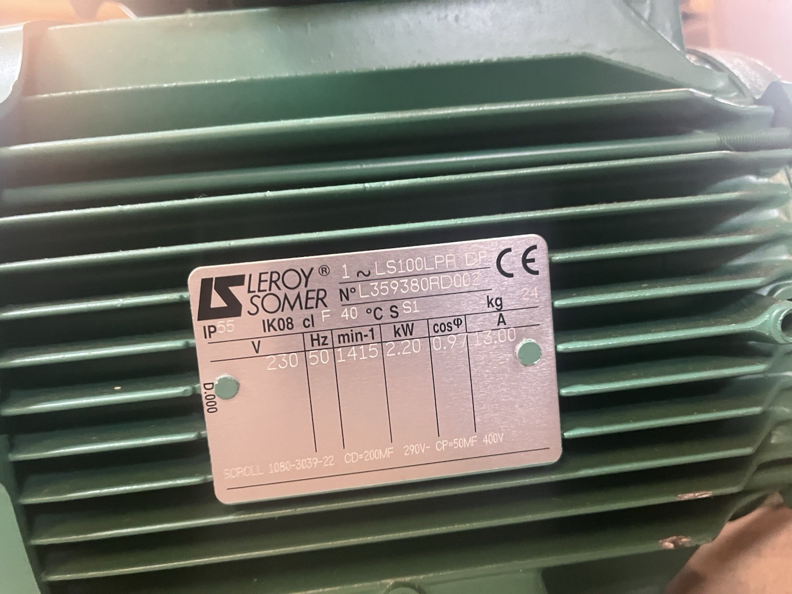 Used LEROY SOMER,LS100LPR-DP,SINGLE PHASE MOTOR 2.2kW 1415RPM 230V