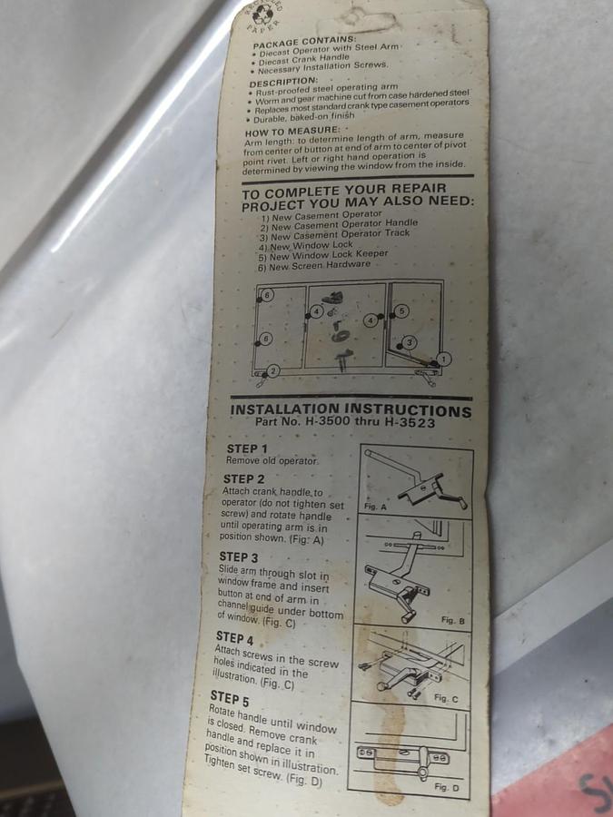 PRIMELINE PARTS CO.,H-3502,CASEMENT WINDOW OPERATOR 9 IN ARM L. HAND NOS
