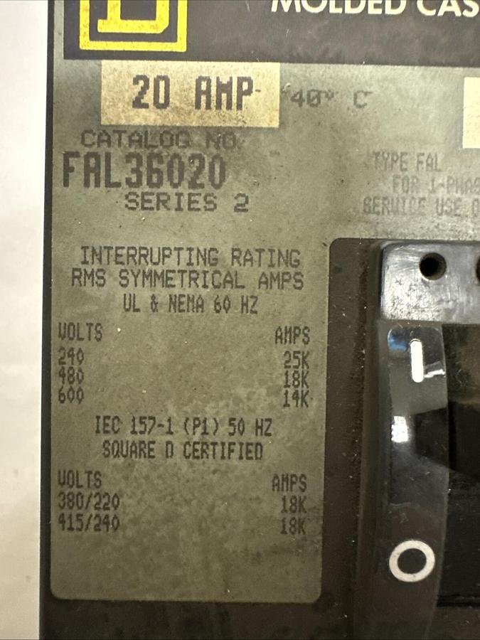 Square-D,FAL36020,Circuit Breaker 600V 20 Amp 3 Pole