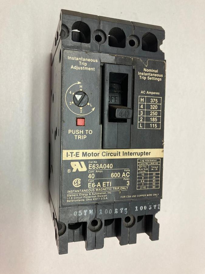 Used ITE,E63A040,CIRCUIT BREAKER 40A 600V 3P