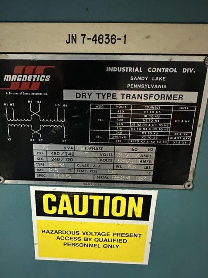 Used ,75 KVA Transformer HV 480/240V- LV 240/120V 1PH