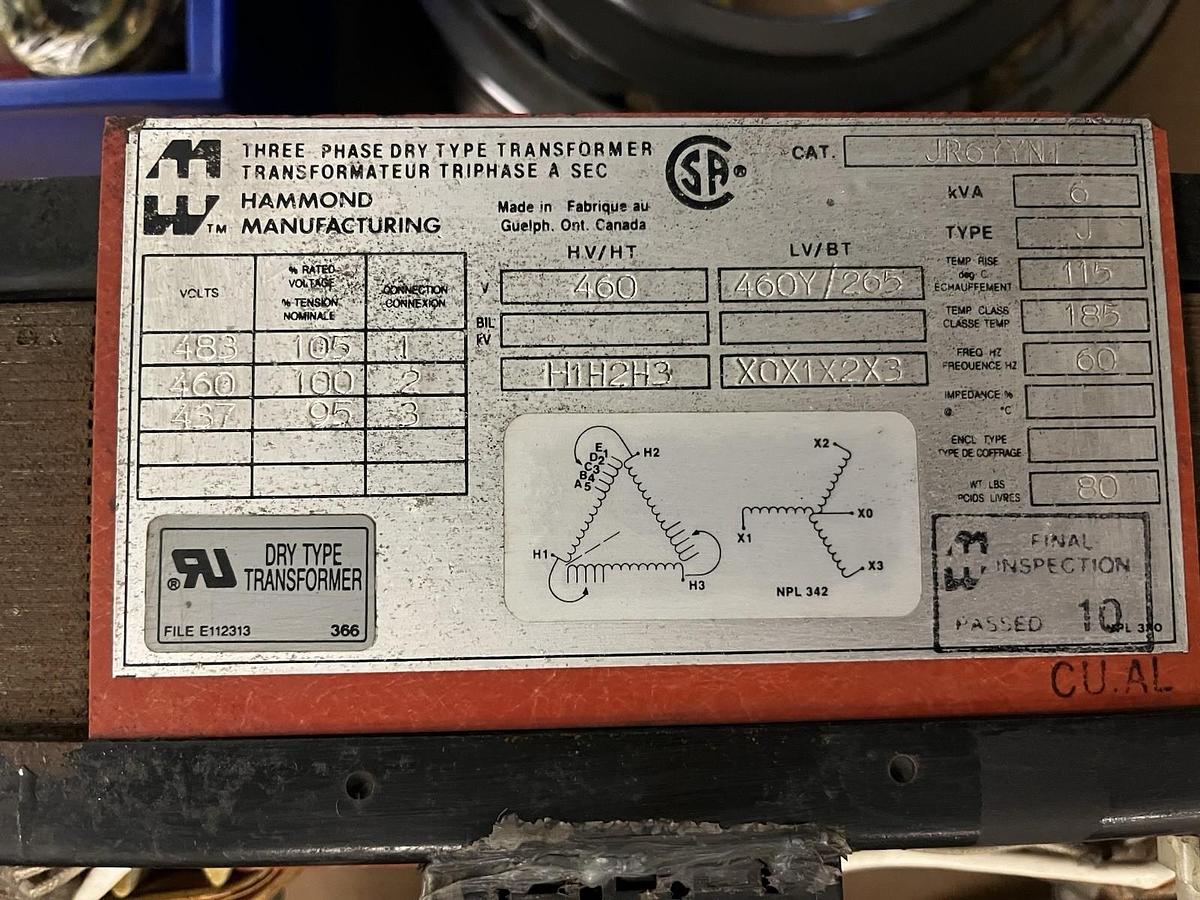 Used HAMMOND,JR6YYNT,DRY TYPE TRANSFORMER 6KVA TYPE J HV 460V LV 460Y/265 3PH