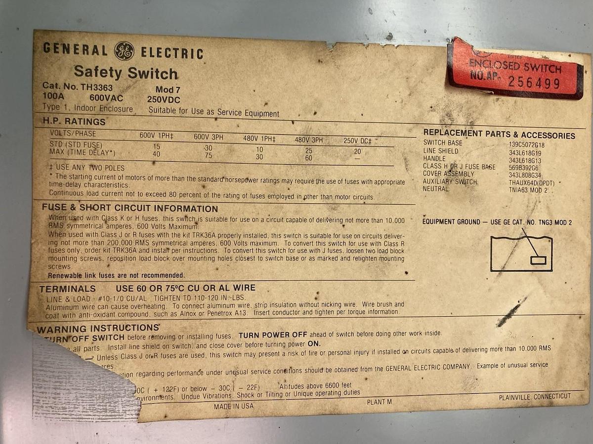 Used GE,TH3363,Safety Switch Enclosure 100A 600Vac 250VDC