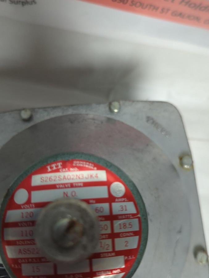 Used ITT GENERAL CONTROLS,S262SA02N30K4,GAS VENT VALVE 120V PRE-OWNED