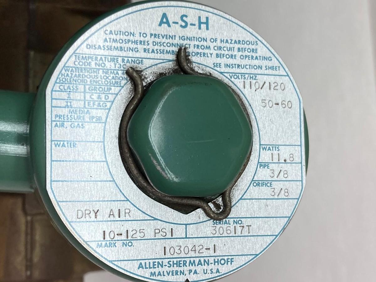 Used A-S-H,103042-1,Solenoid Valve 10-125psi 3/8 Inch 110/120V 50-60Hz