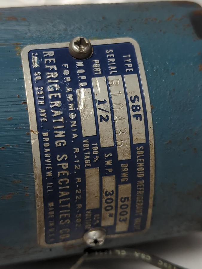 Used REFRIDGERATION SPECIALTIES,S8F,SOLENOID VALVE REFRIDGERANT 1/2 INCH PRE-OWNED