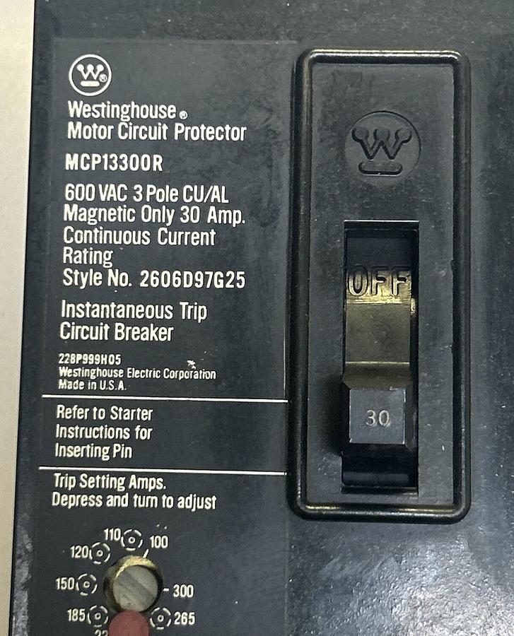 Used WESTINGHOUSE,MCP13300R,CIRCUIT BREAKER 30A 600V 3P