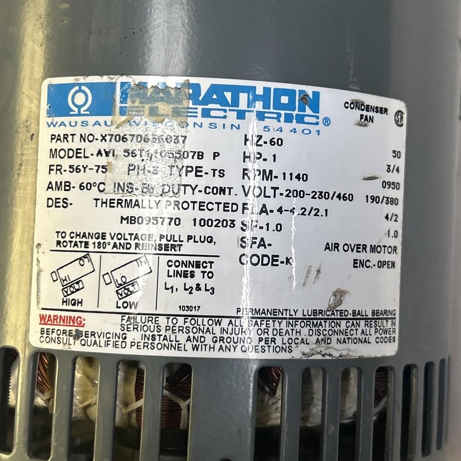 Used MARATHON,X70670636037,MOTOR 1HP 200-230/460V 1140RPM 3PH 56Y-75 FRAME