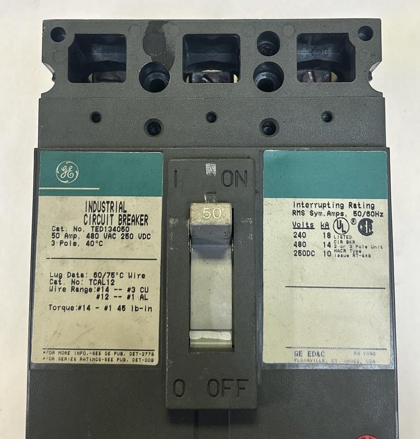 Used GENERAL ELECTRIC,TED134050,CIRCUIT BREAKER 50A 480V 3P
