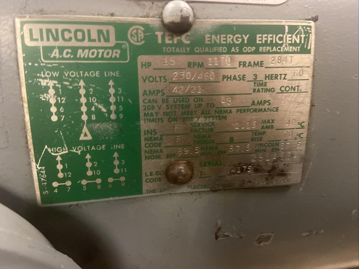 Used Lincoln Electric,Frame 284T TEFC,15Hp MOTOR 1170RPM 230/460V  Refurbished