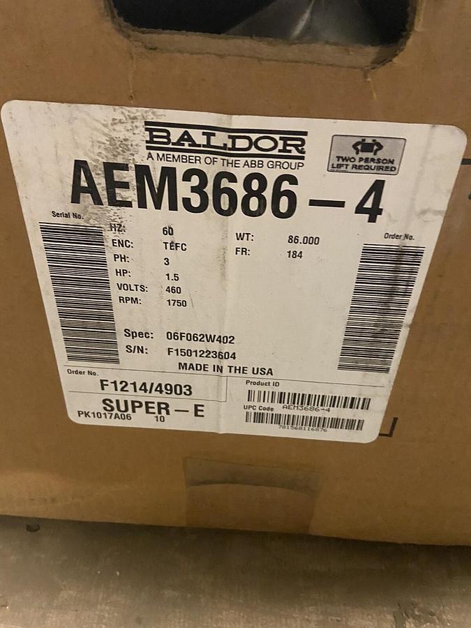 Used Baldor,AEM3686-4,1.5Hp Motor 1750RPM 460V Frame 184 NOS