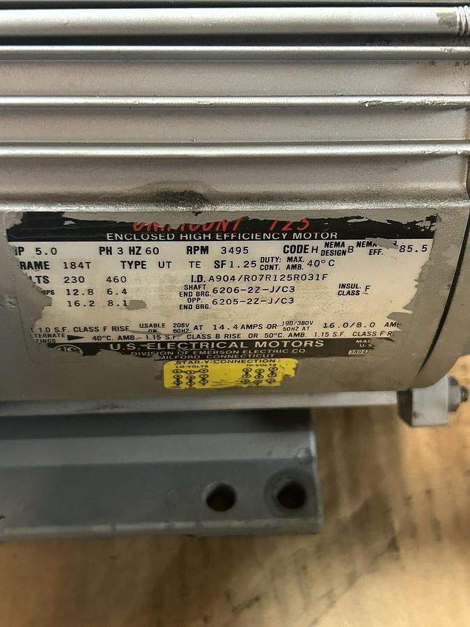 Used US MOTORS,A904/R07R125R031F,MOTOR 5HP 230/460V 3495RPM 3PH 184T FRAME