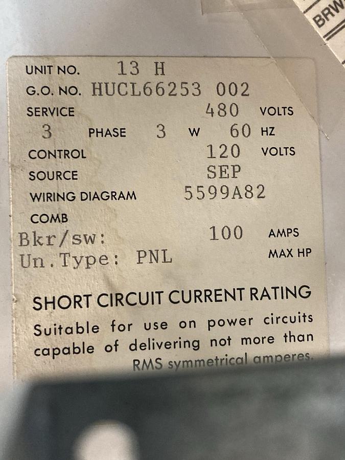 Used Eaton,PNL, Pow-R-Line Panelboard 15A 120v Breakers 480v MCC Bucket