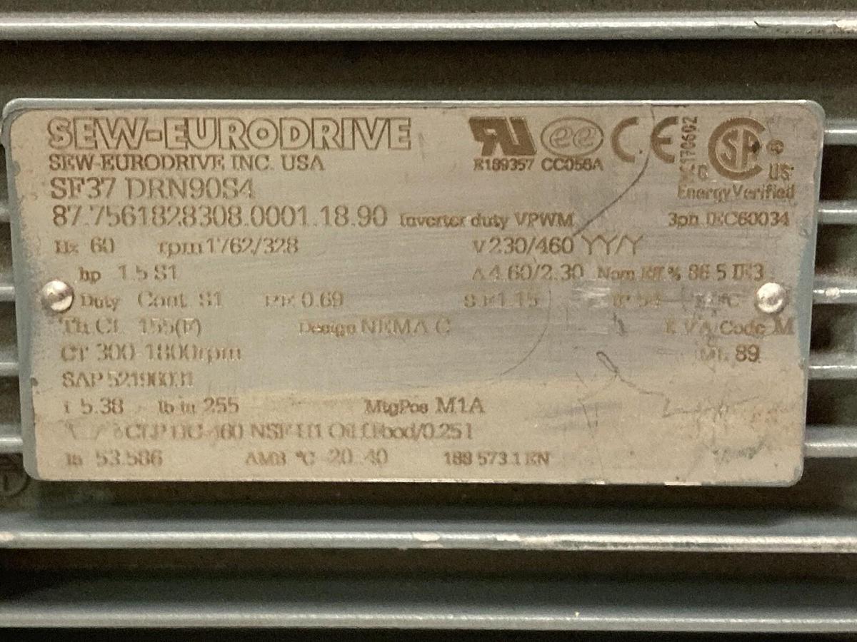 Used Sew-Eurodrive,SF37 DRN90S4,1.5 HP Gearmotor Ratio 5.38 1762/328 RPM 230/460V