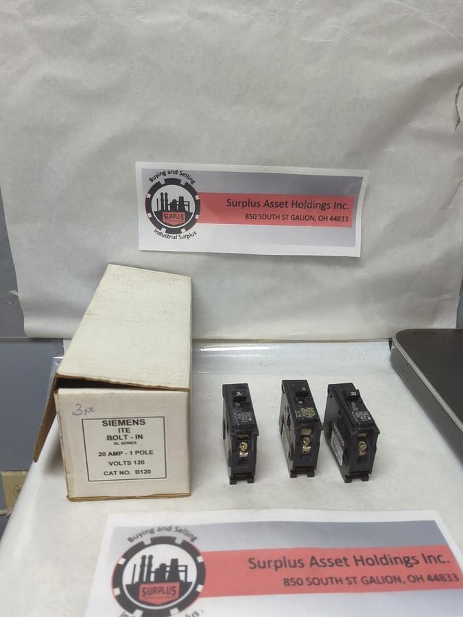 Used SIEMENS,B120,CIRCUIT BREAKER 20 AMP 1-POLE LOT OF 3 PRE-OWNED