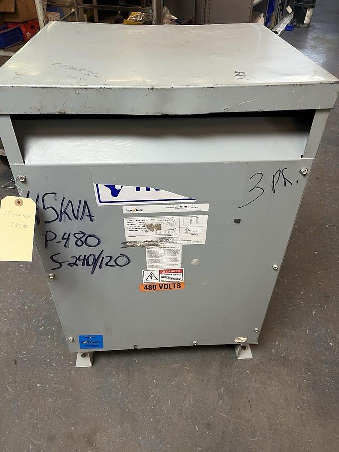 Used FEDERAL PACIFIC,T43T45E,DRY TYPE 3 PHASE TRANSFORMER 45KVA HV 480V LV 240/120