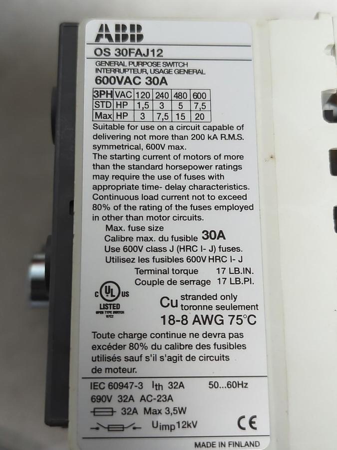 Used ABB,0S 30FAJ12,GENERAL PURPOSE SWITCH INTERRUPTEUR 600VAC 30A PRE-OWNED