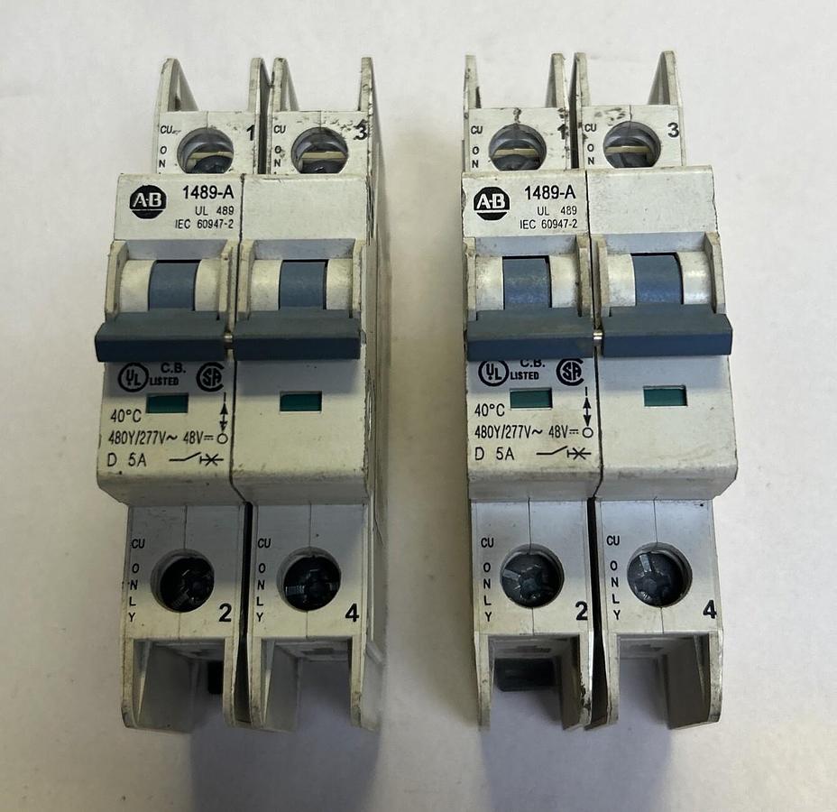 Used ALLEN BRADLEY,1489-A2D050,MINIATURE CIRCUIT BREAKER 5A 277V 2P LOT OF 2
