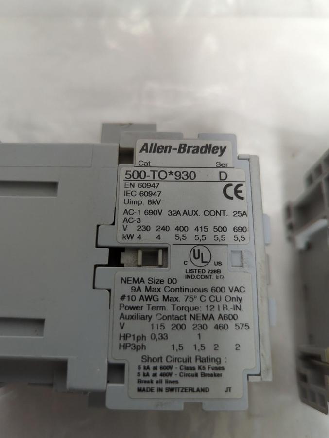 Used ALLEN BRADLEY,500-TO*930,SERIES D CONTACTOR NEMA SIZE 00 LOT OF 2 PRE-OWNED