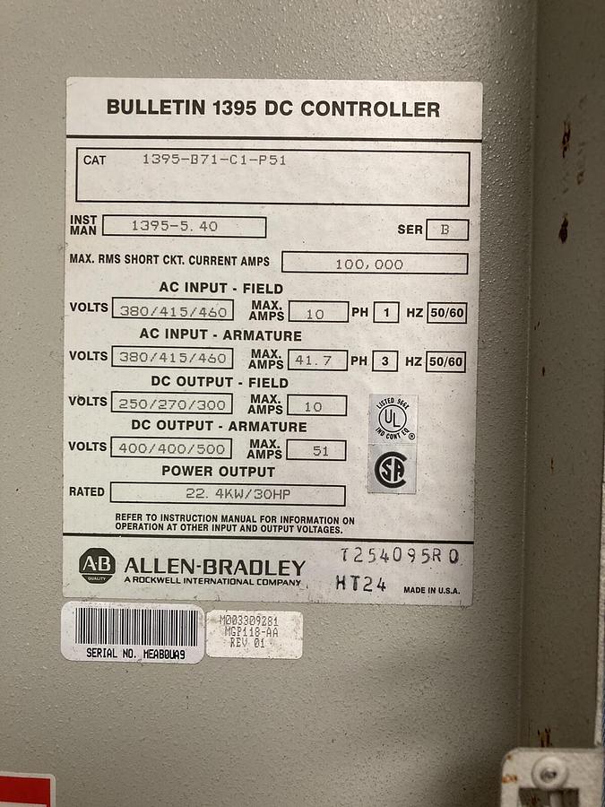 Used Allen Bradley,1395-B71-C1-P51,DC Drive 30 HP