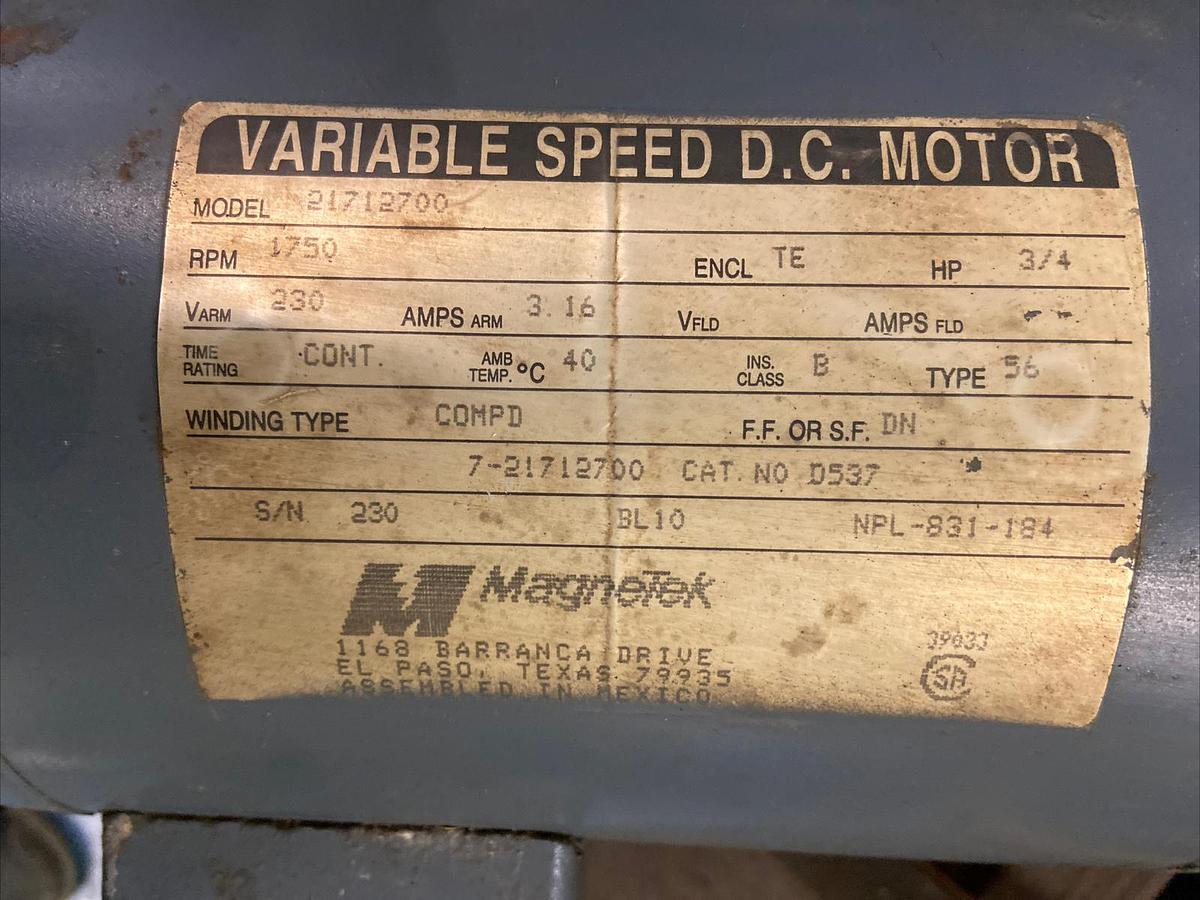 Used Magnetek,D537,3/4Hp Variable Speed DC Motor 1750RPM 230VDC