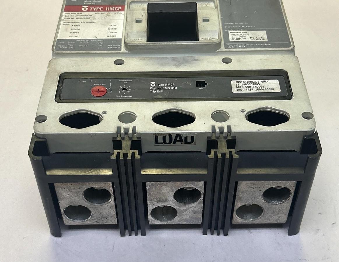 Used WESTINGHOUSE,HMCP600L6W,CIRCUIT BREAKER 600A 600V 3P
