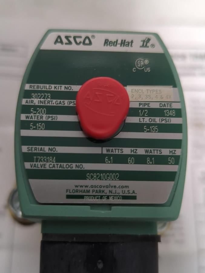 ASCO,SC8210G002,2-WAY SOLENOID VALVE 1/2 INCH 120/60-110/50 NOS