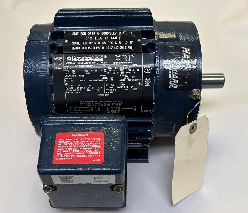 Used MARATHON,AVF143TTTN16578AA,MOTOR 1/2HP 1165RPM 200-240/400-480V 3PH 143TC FRAME