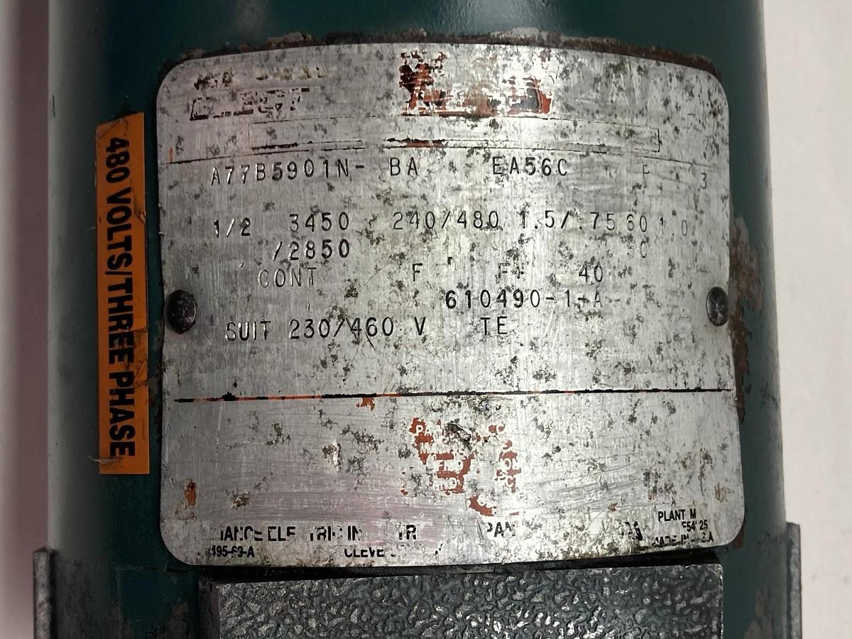 Used Reliance,B77B5901N-BA,3-Phase Electric Motor Blower 1/2HP 3450/2850RPM 240/480V