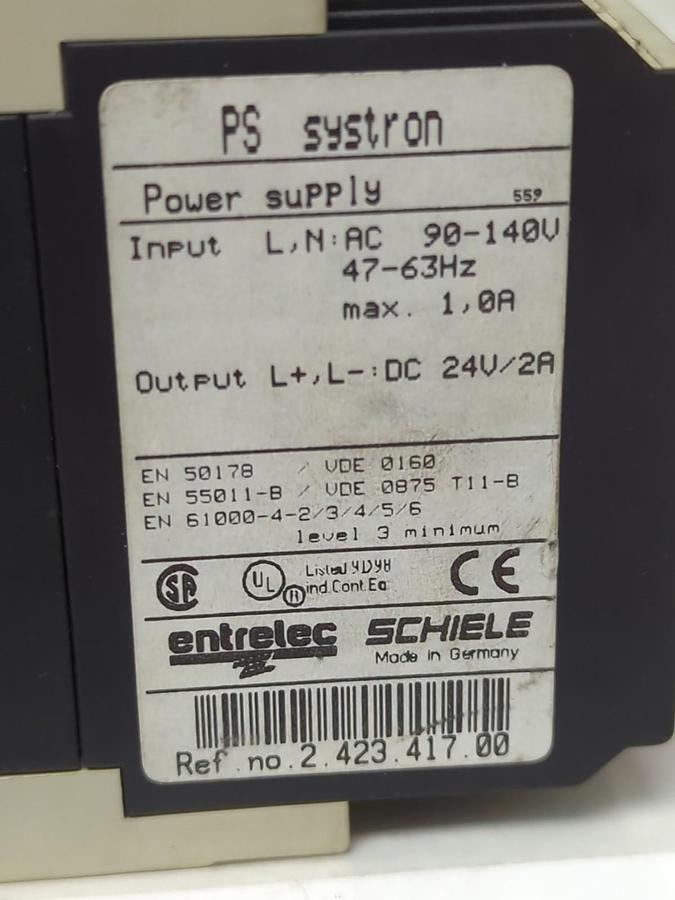 Used ENTERLEC SCHIELE,PS SYSTRON,POWER SUPPLY 90-140V 47-63HZ 24V/2A PRE-OWNED