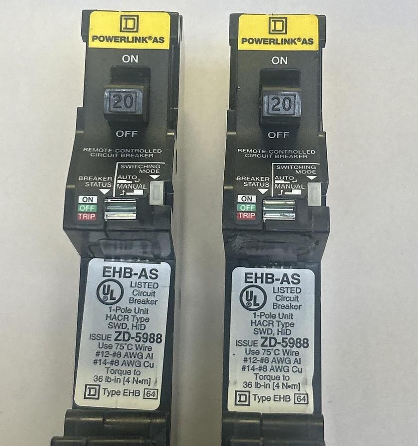 Used SQUARE D,EHB14020AS,REMOTE CONTROLLED CIRCUIT BREAKER 20A 277V 1P LOT OF 2