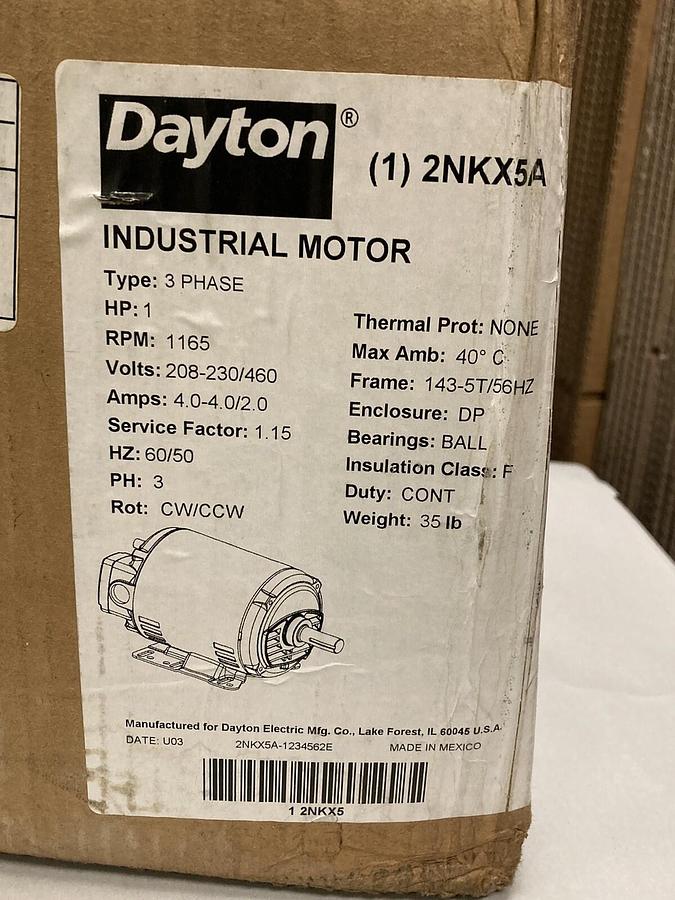 Used Dayton,2NKX5A,3-Phase Industrial Motor 1165 RPM 208-230/460V 60/50 HZ