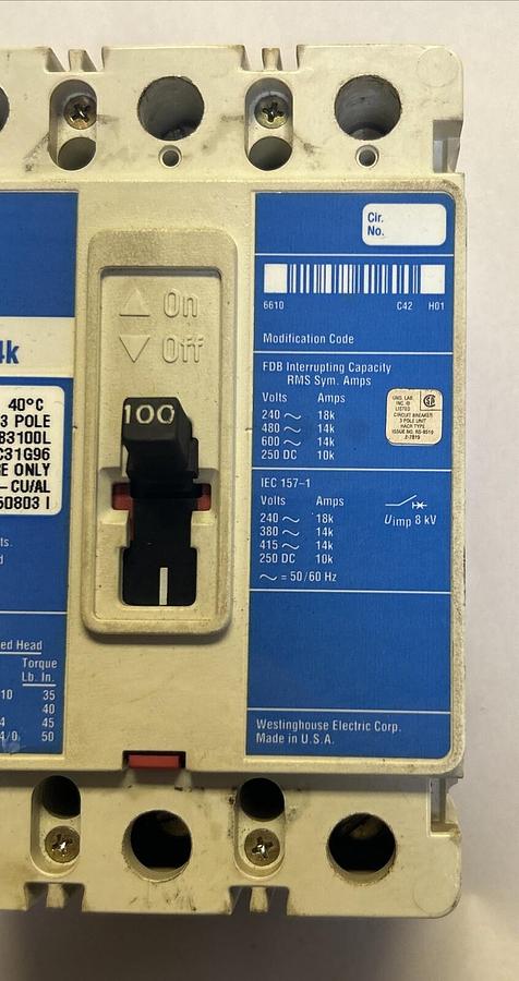 Used WESTINGHOUSE,FDB3100L,CIRCUIT BREAKER 100A 600V 3P