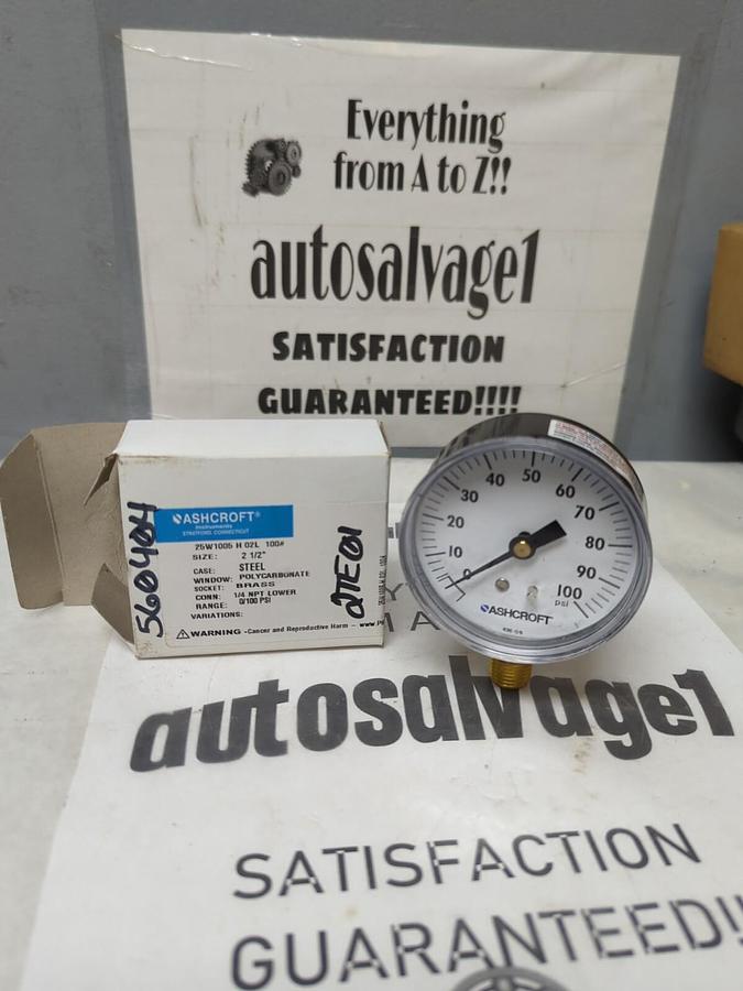 ASHCROFT,25W1005 H 02L,PRESSURE GAUGE 2-1/2 IN 1/4 IN LOWER NPT 0-100PSI NOS