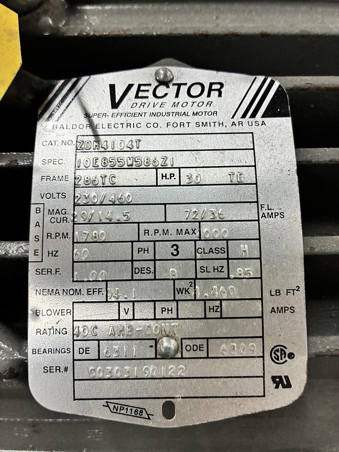 Used BALDOR,ZDM4104T,VECTOR DRIVE MOTOR 30HP 1780RPM 286TC 3PH 230/460V