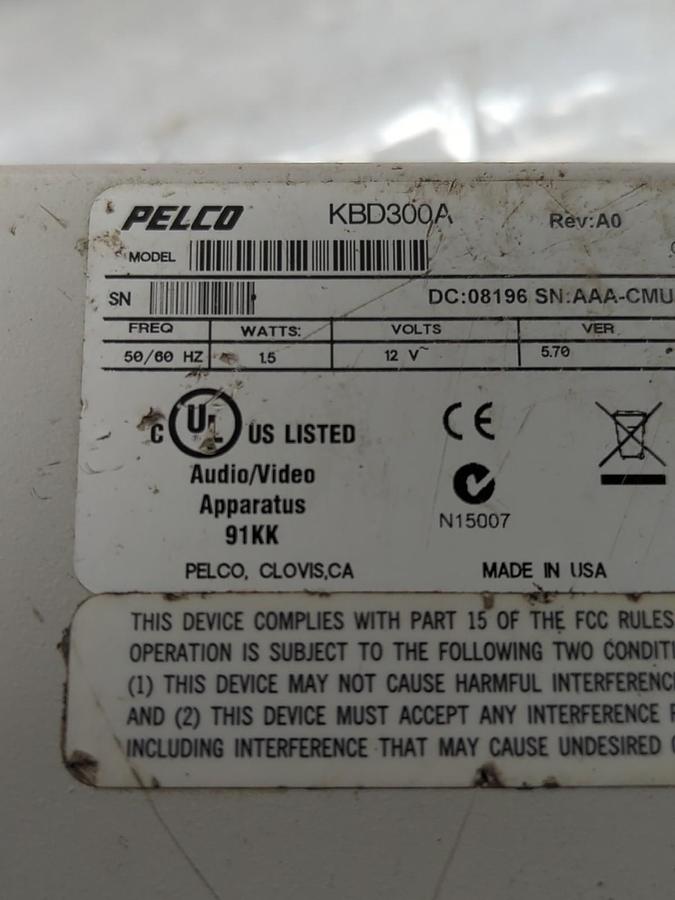 Used PELCO,KBD300A,UNIVERSAL INDUSTRIAL JOYSTICK KEYBOARD REV:A0 12V 50/60HZ