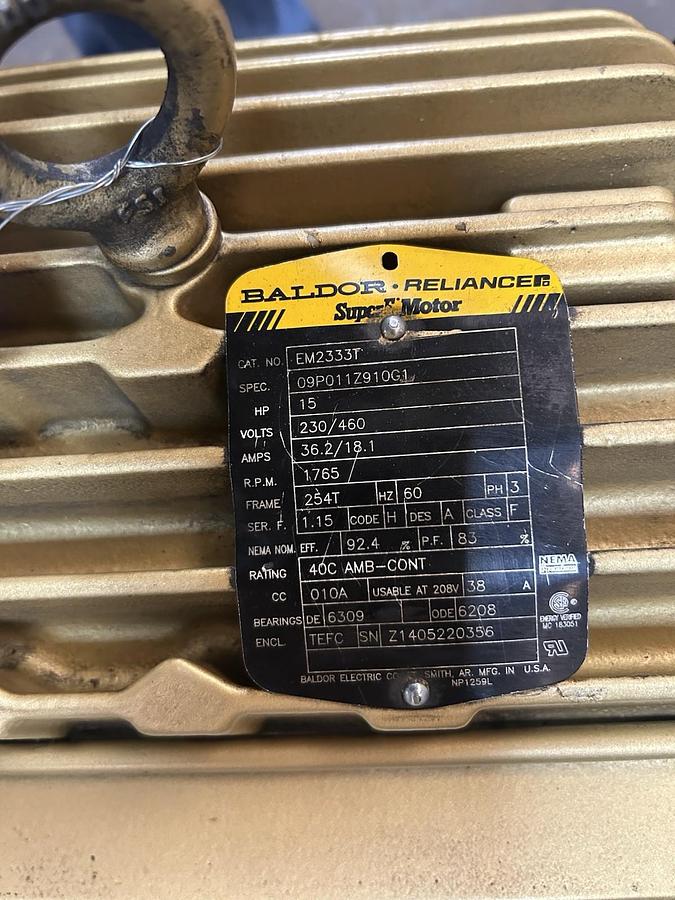 Used BALDOR,EM2333T,SUPER-E MOTOR 15HP 230/460V 1765RPM 3PH 254T FRAME