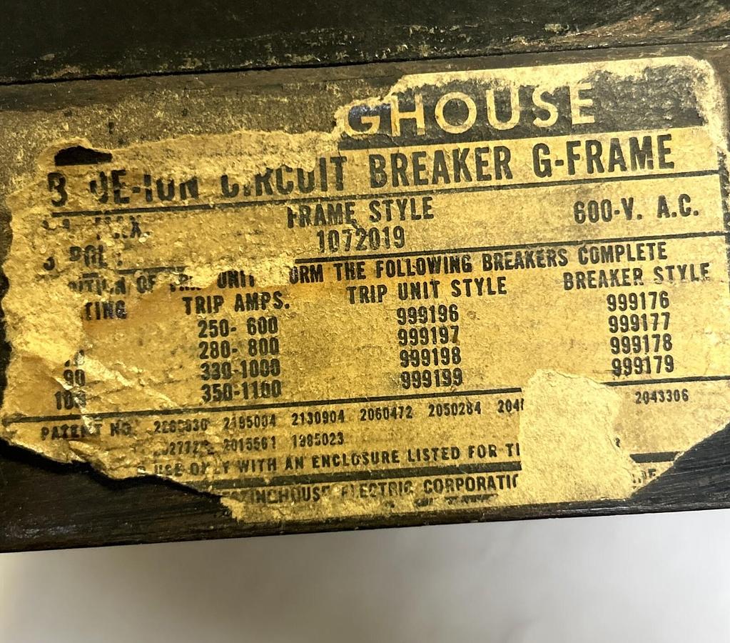 Used WESTINGHOUSE,1072019,CIRCUIT BREAKER 100A 600V 3P