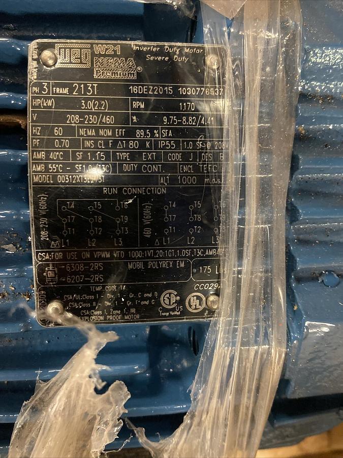 Used WEG,00312XT3E213T,3Hp Explosion Proof Motor 1170RPM 208-230/460V Frame 213T