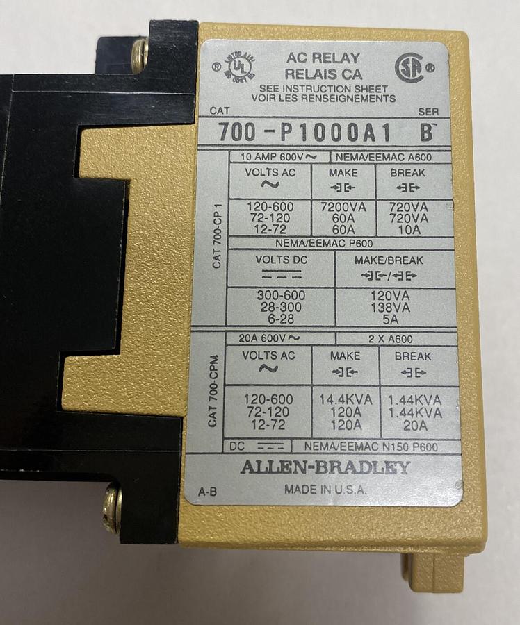 ALLEN BRADLEY,700-P1000A1,SER B CONTROL RELAY NOS