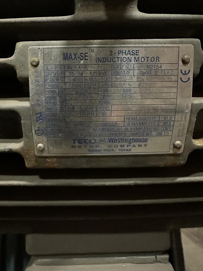 Used Twin City Fan & Blower,BC-SW,Size 270 15HP 3PH