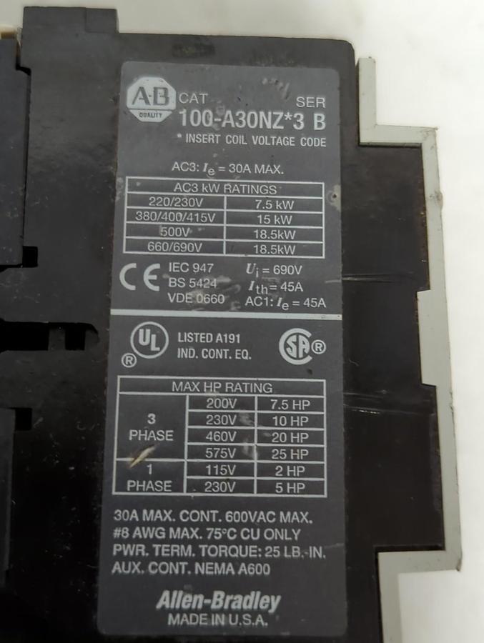 Used ALLEN BRADLEY,100-A30NZ*3,SERIES B CONTACTOR PRE-OWNED