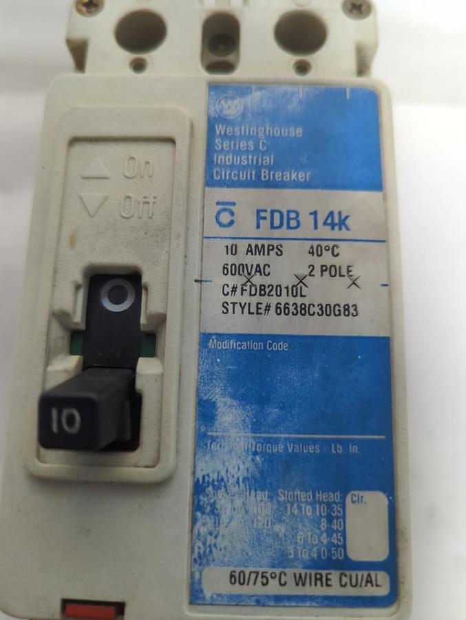 Used WESTINGHOUSE,6638C30G83,CIRCUIT BREAKER 2-POLE 10A 600VAC PRE-OWNED