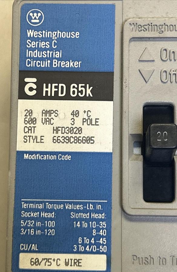 Used WESTINGHOUSE,HFD3020,CIRCUIT BREAKER 20A 600V 3P
