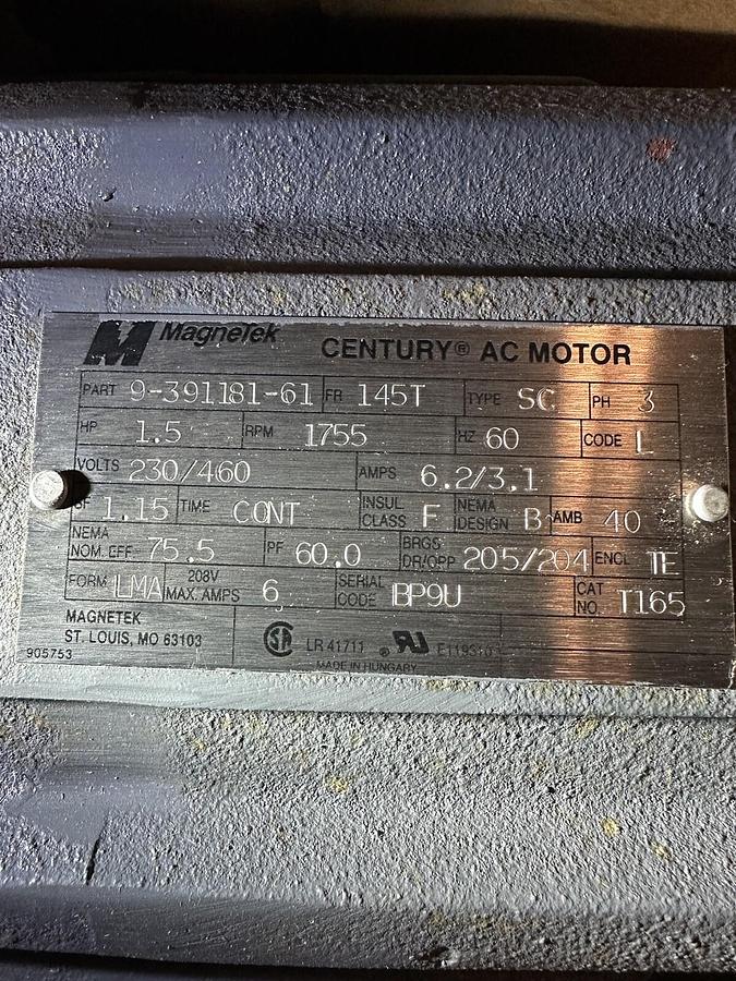 Magnetek,T165,Century AC Motor 1 1/2 HP 1755 RPM 230/460 145T